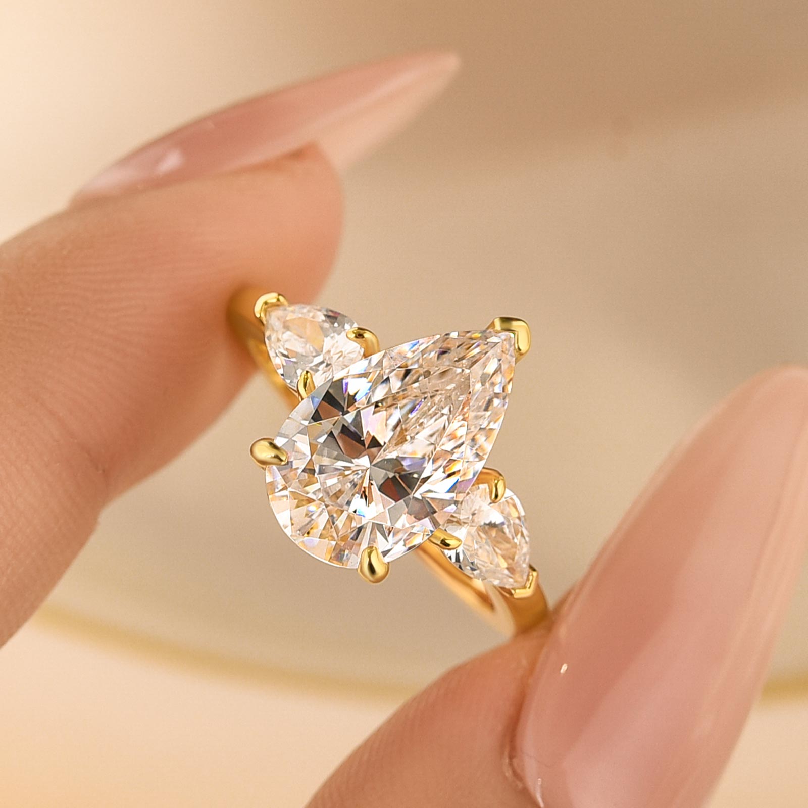 Louily Gorgeous Pear Cut Three Stone Engagement Ring