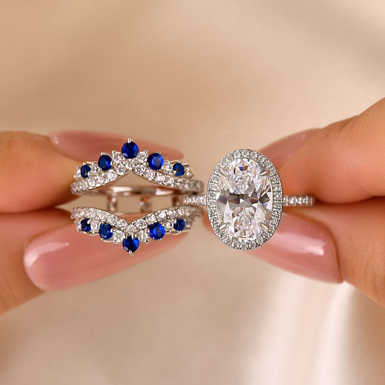 2PC Enhancer Wedding Set 4.0Ct Halo Oval Cut Engagement Ring with Blue & White Stone Wedding Band