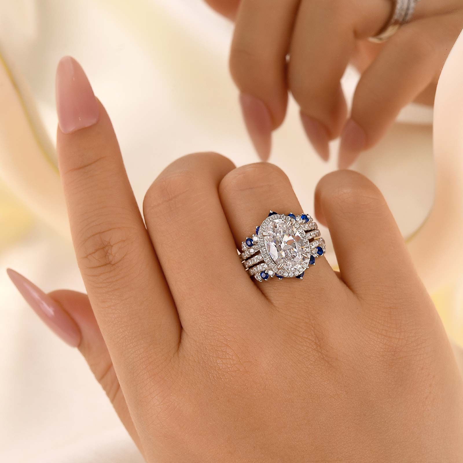 2PC Enhancer Wedding Set 4.0Ct Halo Oval Cut Engagement Ring with Blue & White Stone Wedding Band