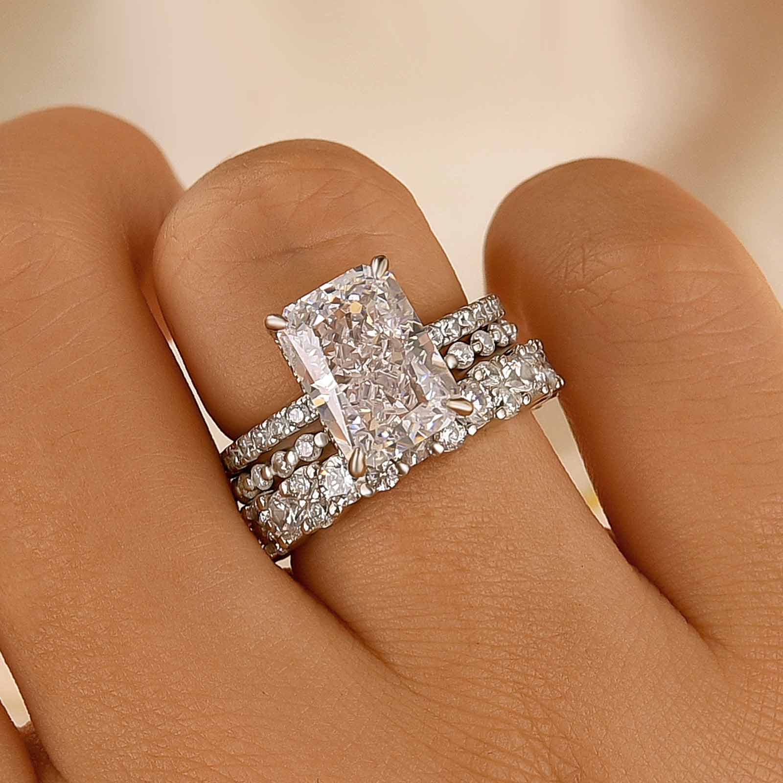 3PC 4.5Ct Radiant Cut Wedding Ring Set With Classic Wedding Bands