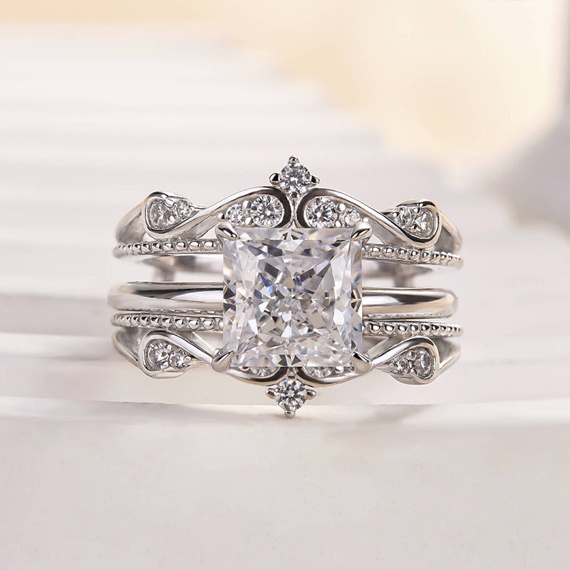 Louily Noble Crown Design Square Princess Cut Insert Wedding Ring Set - louilyjewelry