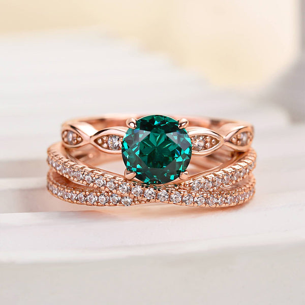 Louily Rose Gold Emerald Green Round Cut Wedding Set
