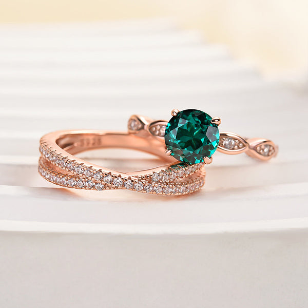 Louily Rose Gold Emerald Green Round Cut Wedding Set