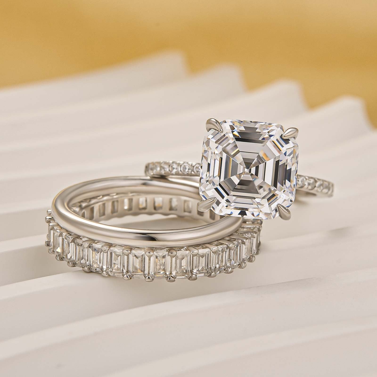 3PC 5.0 Carat Asscher Cut Wedding Ring Set With Classic Wedding Bands