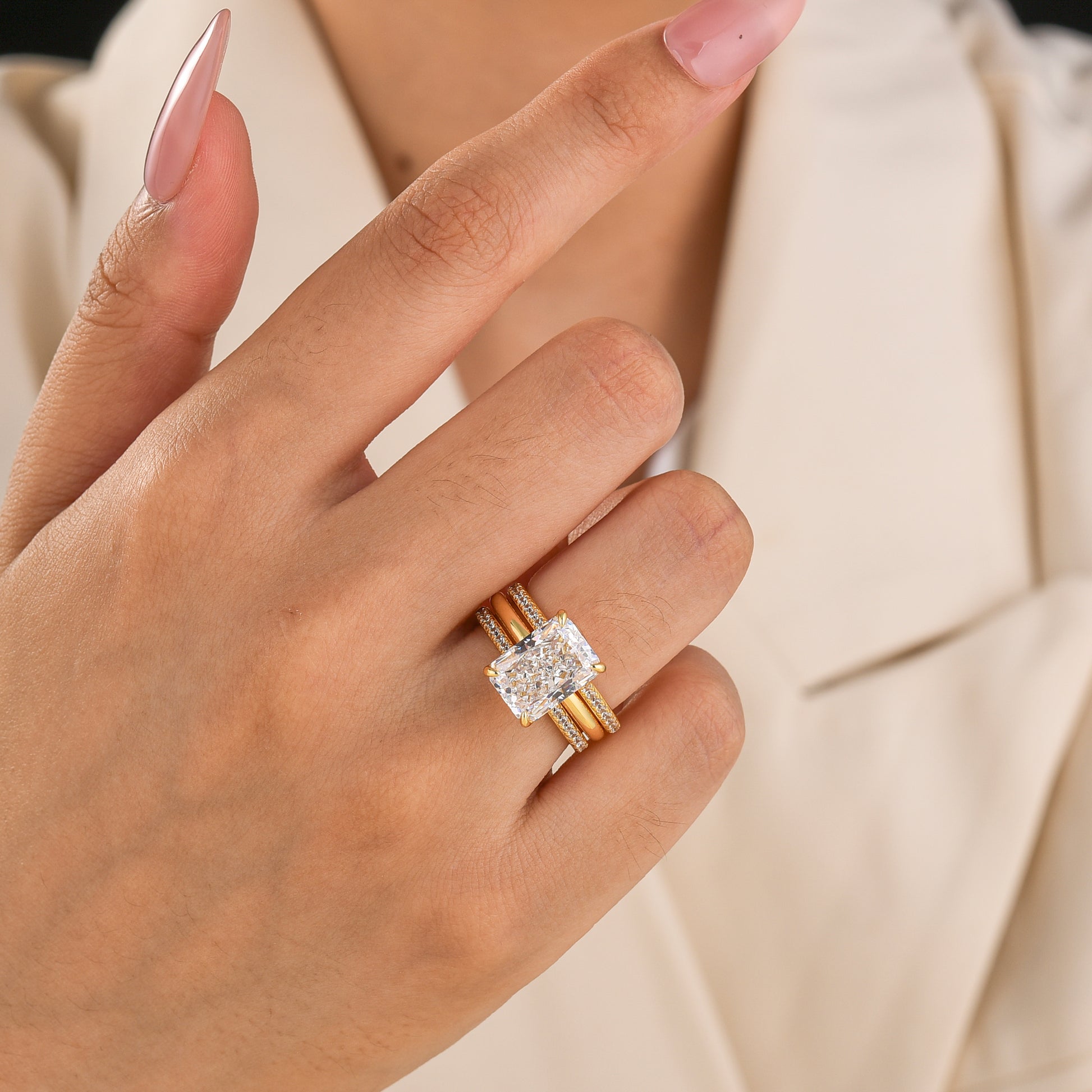 S925 4.5Ct Radiant Cut Solitaire Enhancer Stackable Open Wedding Ring Sets