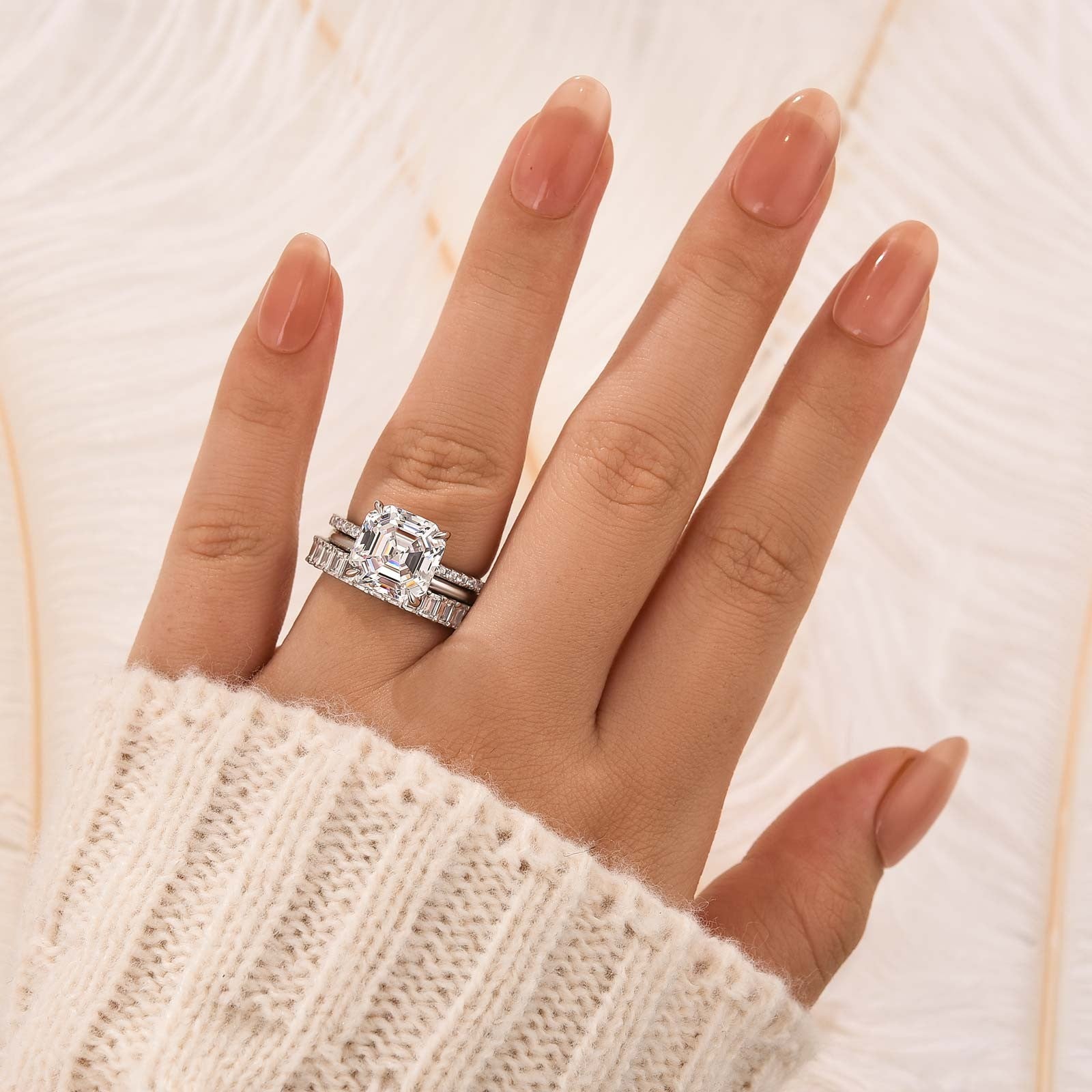 3PC 5.0 Carat Asscher Cut Wedding Ring Set With Classic Wedding Bands