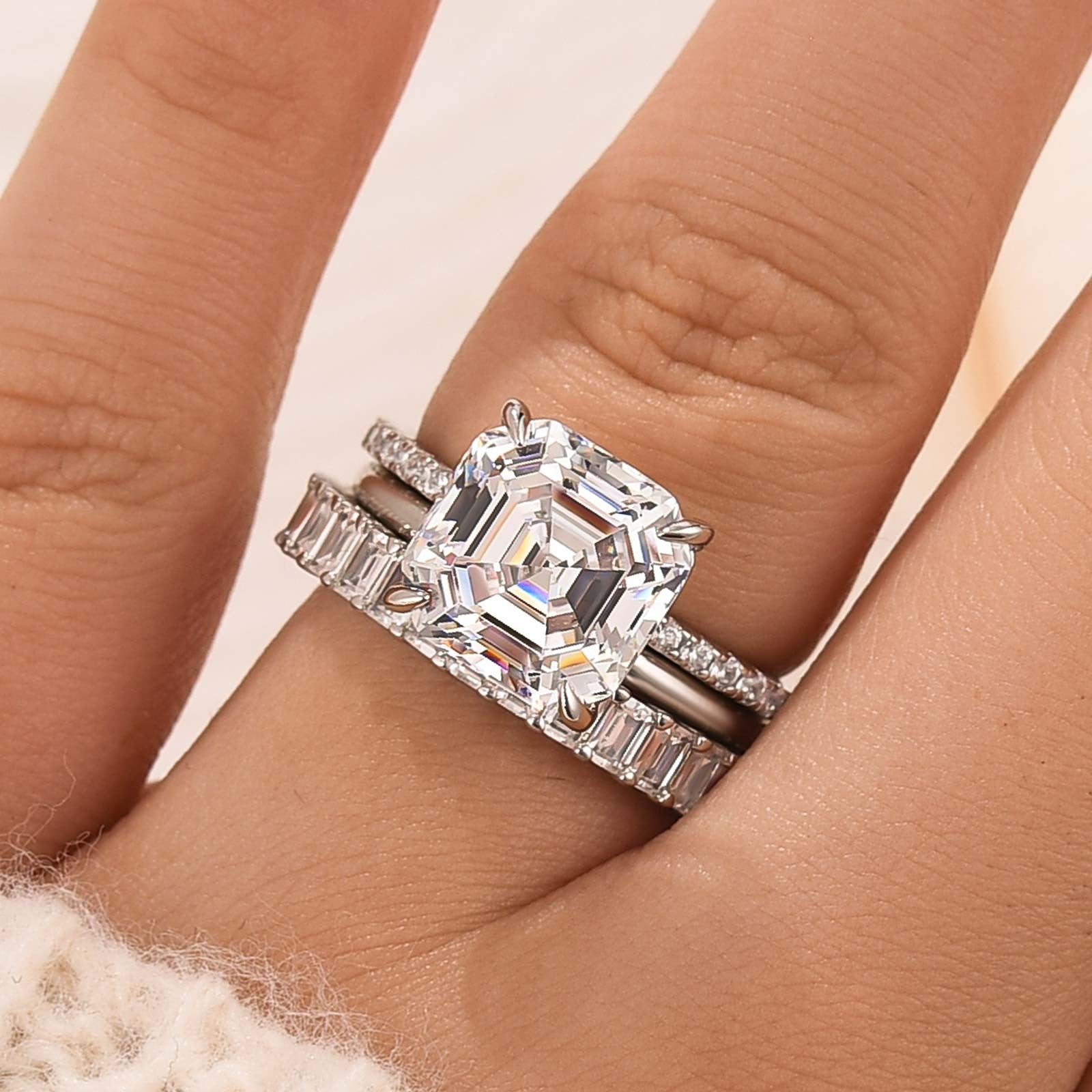 3PC 5.0 Carat Asscher Cut Wedding Ring Set With Classic Wedding Bands