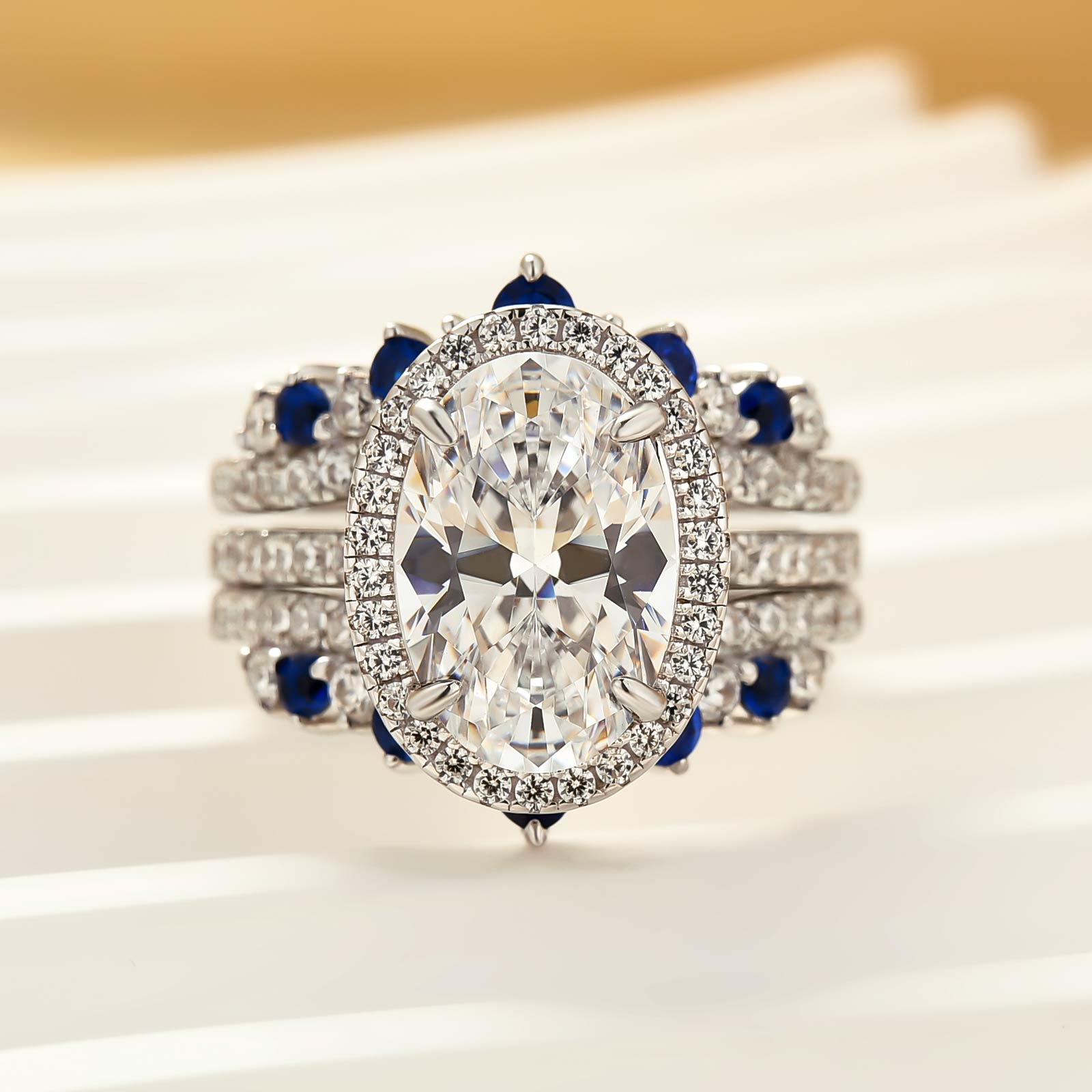 2PC Enhancer Wedding Set 4.0Ct Halo Oval Cut Engagement Ring with Blue & White Stone Wedding Band