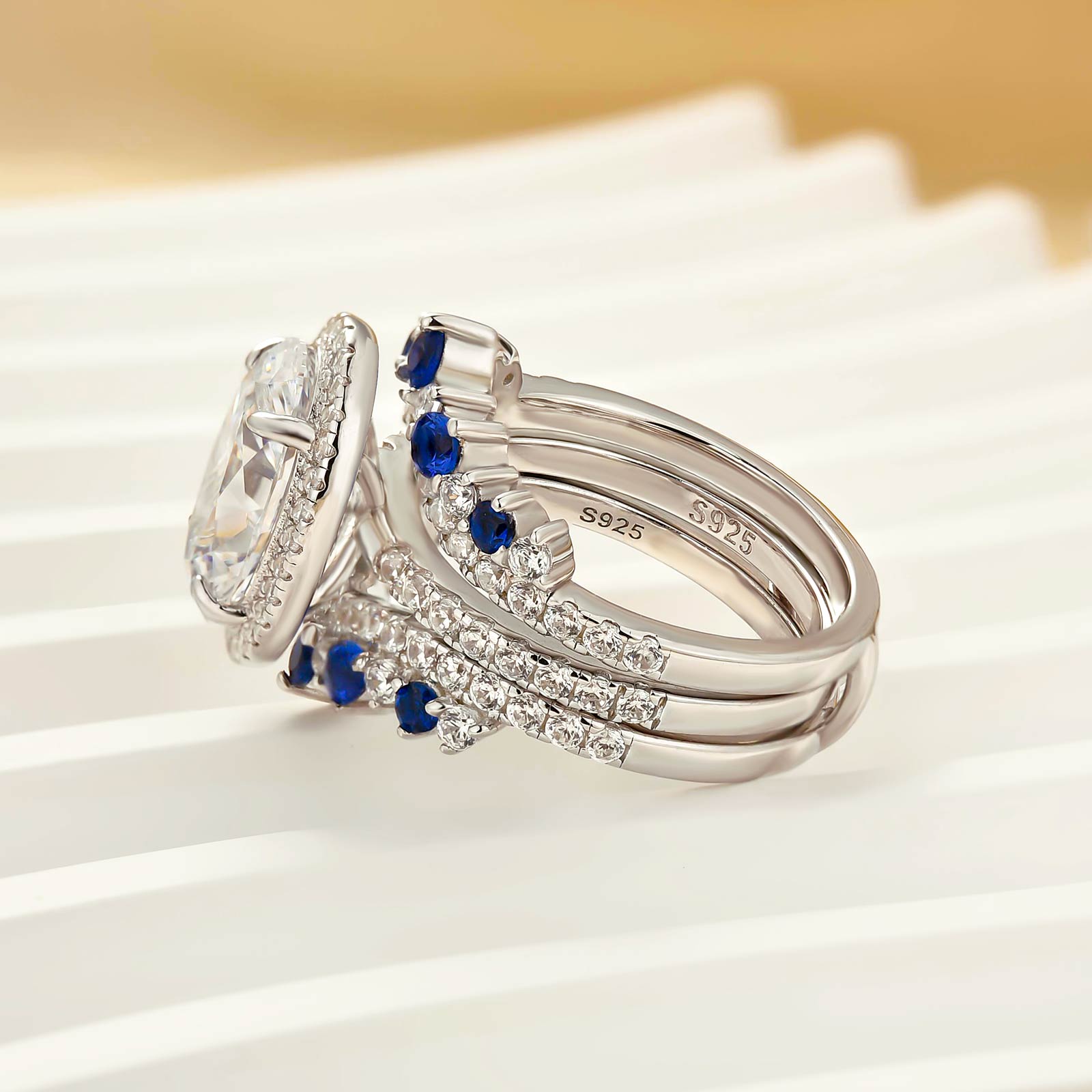 2PC Enhancer Wedding Set 4.0Ct Halo Oval Cut Engagement Ring with Blue & White Stone Wedding Band