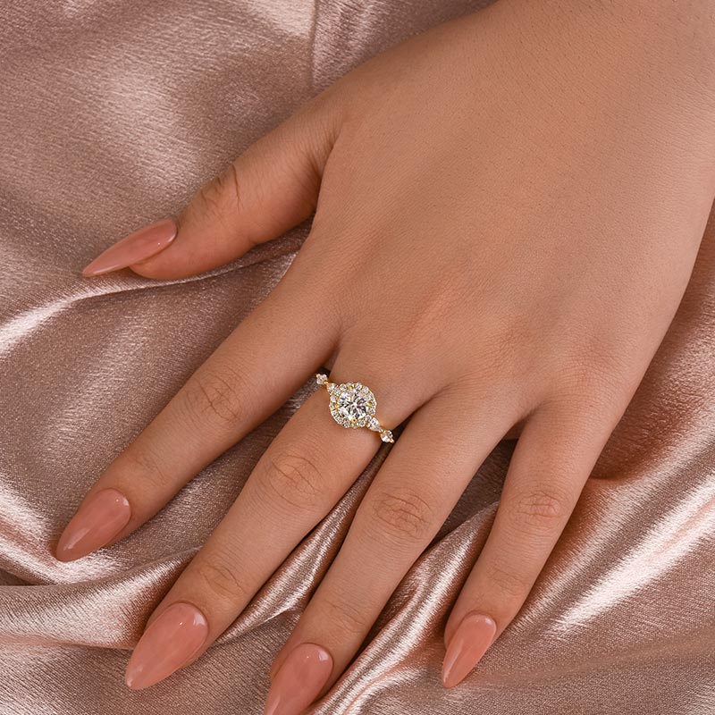 Louily Moissanite 1.0 Ct Halo Round Cut Yellow Gold Promise Ring - louilyjewelry