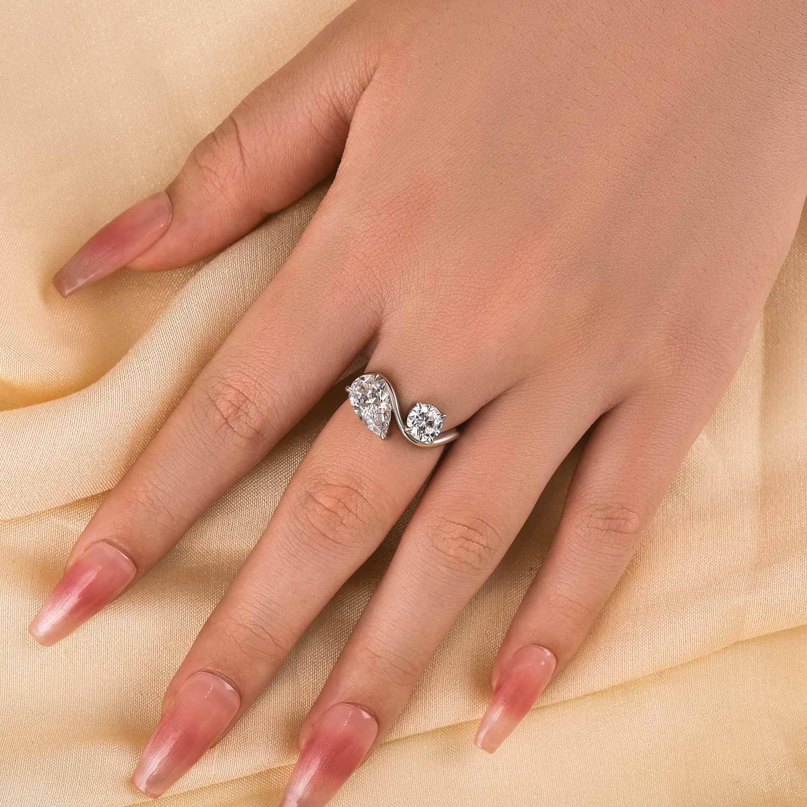 Louily Unique Double Stones Design Pear & Round Cut Engagement Ring In Sterling Silver - louilyjewelry