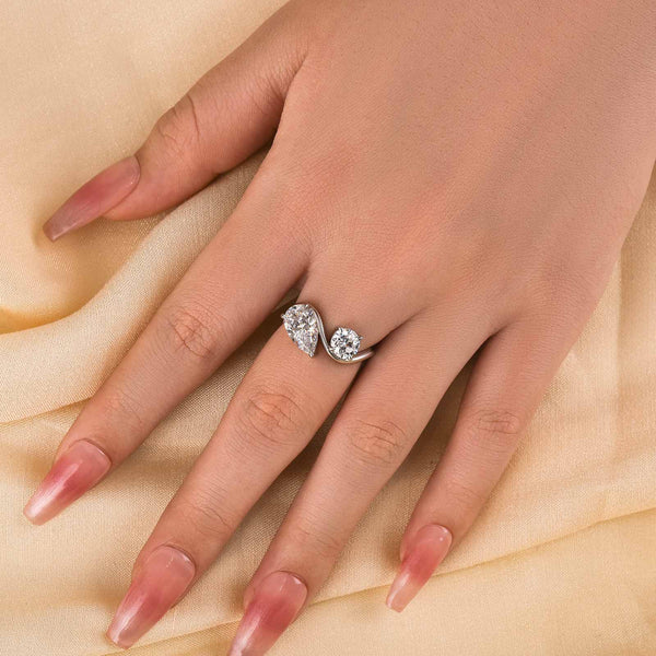 Louily Unique Double Stones Design Pear & Round Cut Engagement Ring In Sterling Silver