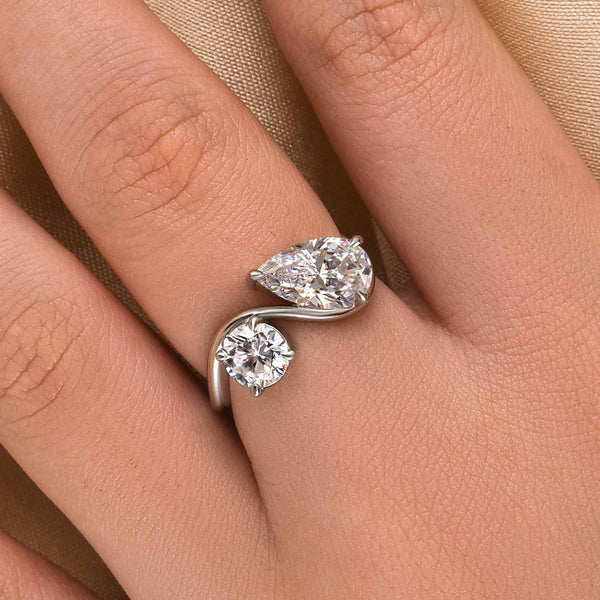 Louily Unique Double Stones Design Pear & Round Cut Engagement Ring In Sterling Silver