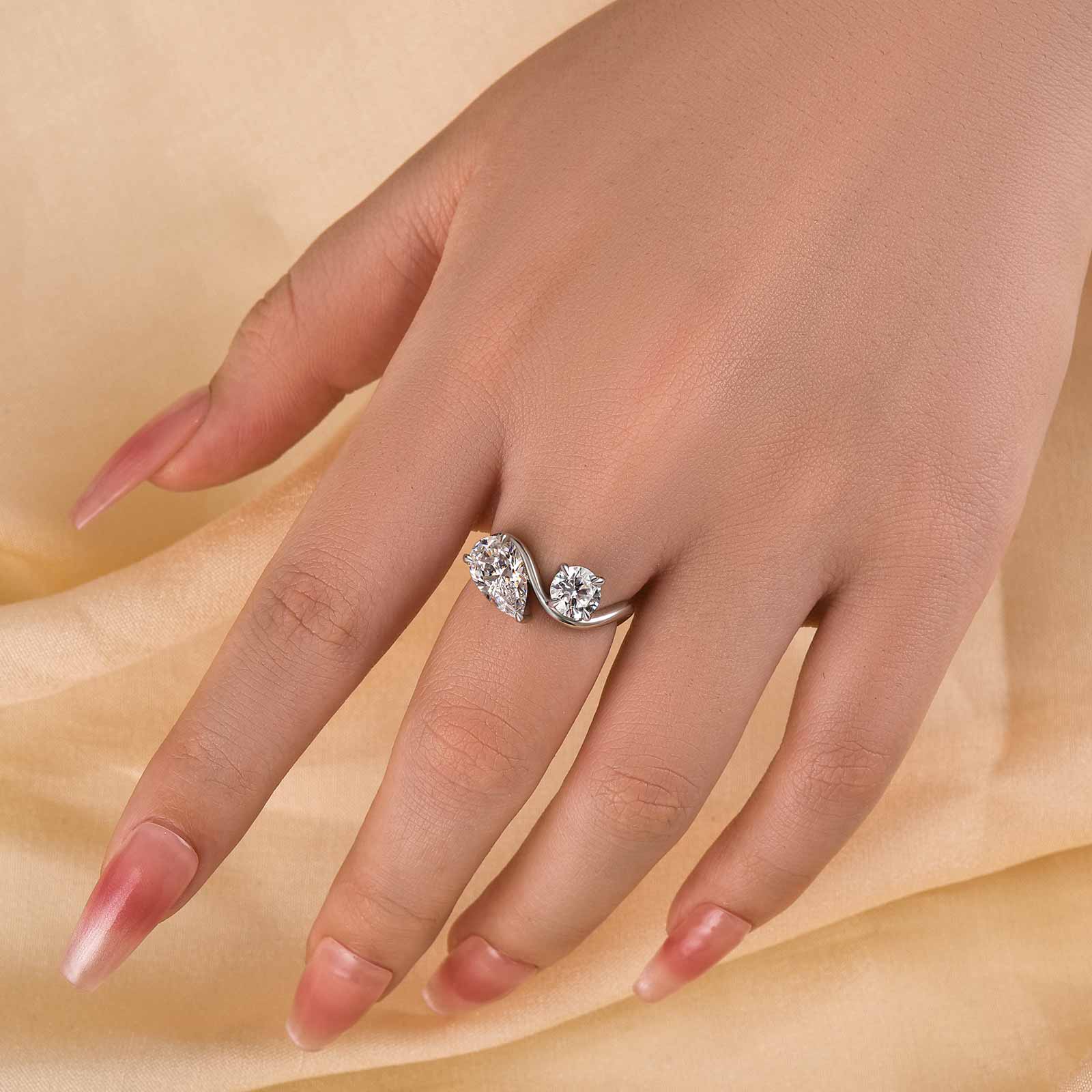 Louily Unique Double Stones Design Pear & Round Cut Engagement Ring In Sterling Silver - louilyjewelry
