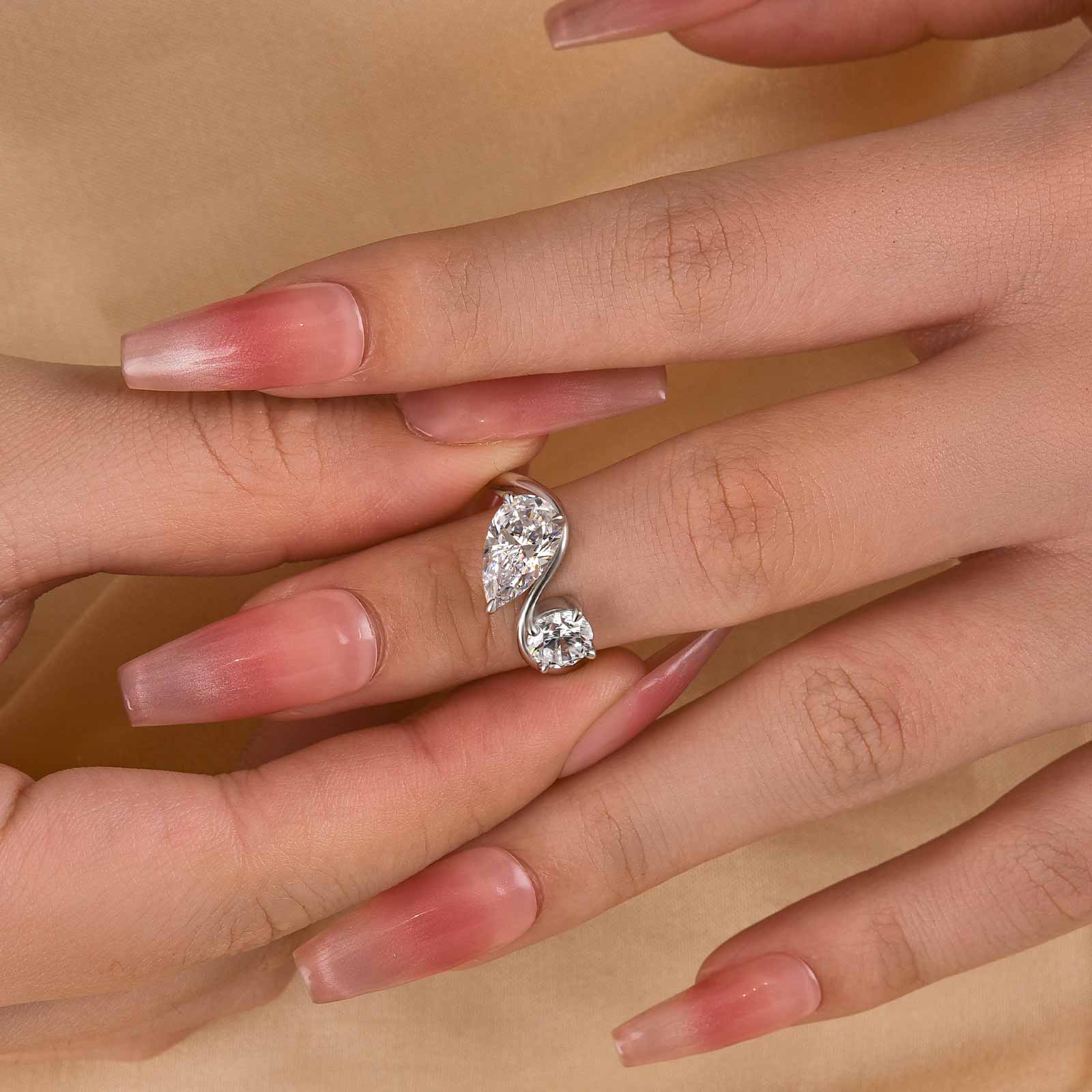 Louily Unique Double Stones Design Pear & Round Cut Engagement Ring In Sterling Silver - louilyjewelry