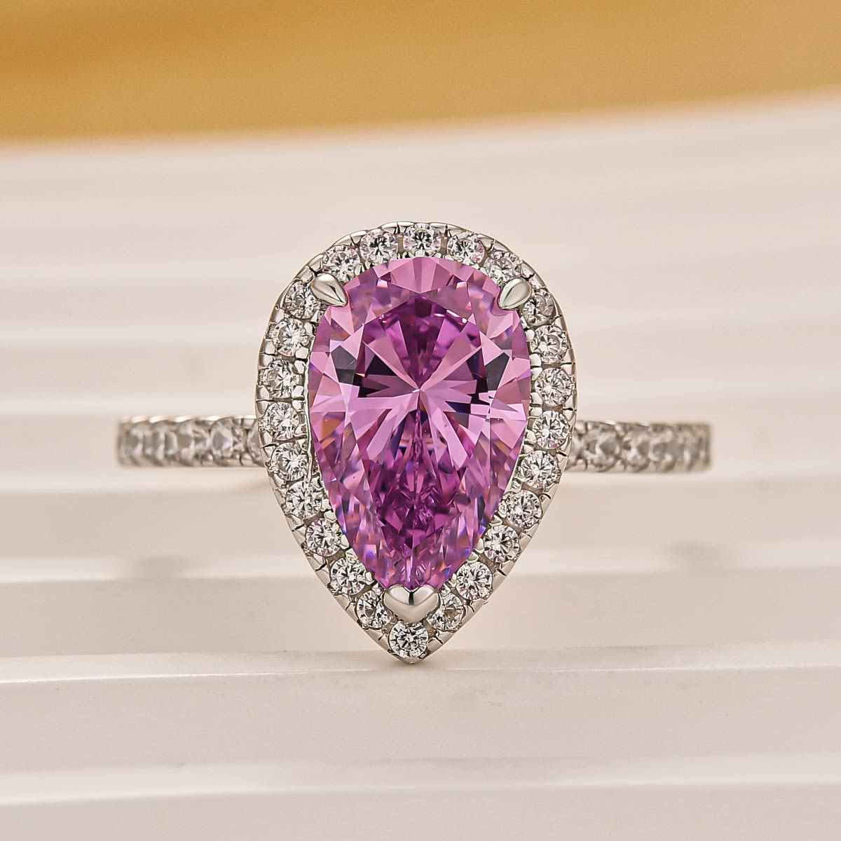 Classic 2.2 Carat Pink/Purple Pear Cut Halo Engagement Ring for Her