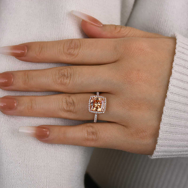 Louily Elegant Rose Gold Halo Cushion Cut Champagne Engagement Ring In Sterling Silver