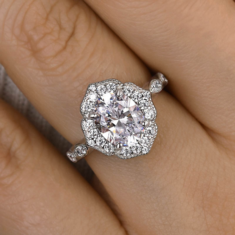 Louily Vintage Halo Oval Cut Engagement Ring In Sterling Silver - louilyjewelry