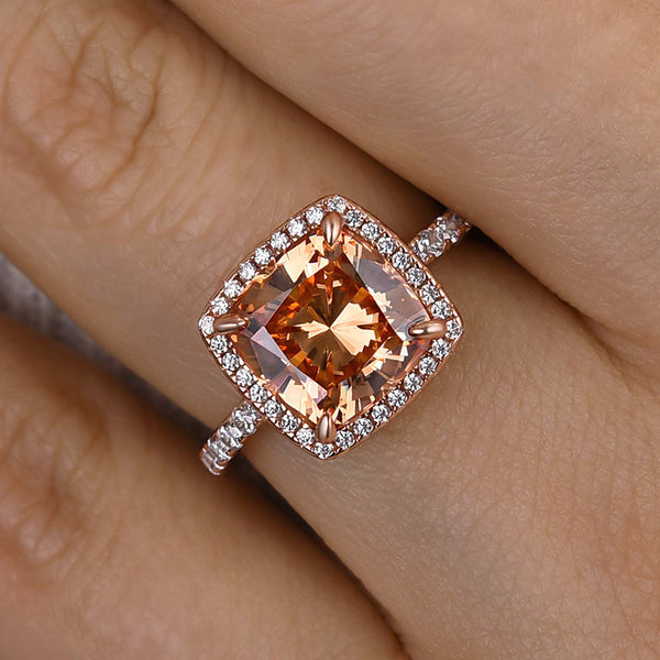 Louily Elegant Rose Gold Halo Cushion Cut Champagne Engagement Ring In Sterling Silver