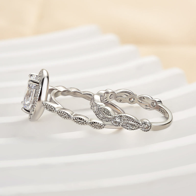 Louily Vintage Leaf & Vine Art Deco Halo Oval Cut Ring Set - louilyjewelry