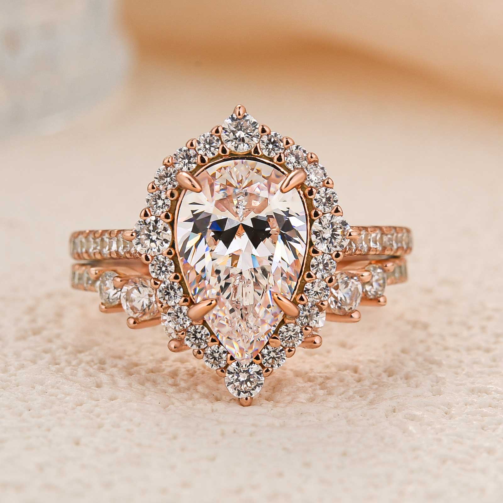 Louily Elegant Rose Gold 2.2 Carat Halo Pear Cut Bridal Ring Set In Sterling Silver