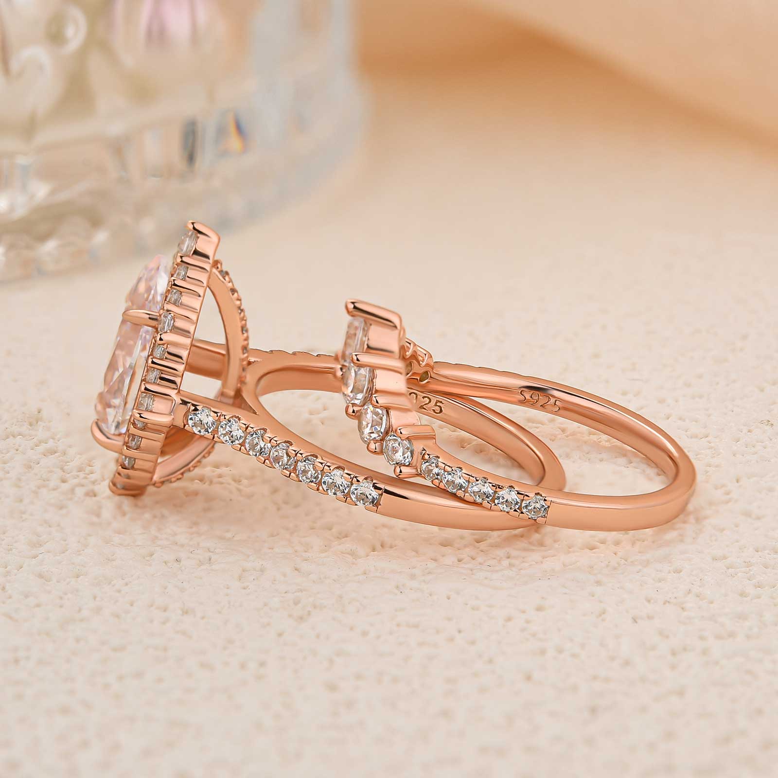 Louily Elegant Rose Gold 2.2 Carat Halo Pear Cut Bridal Ring Set In Sterling Silver
