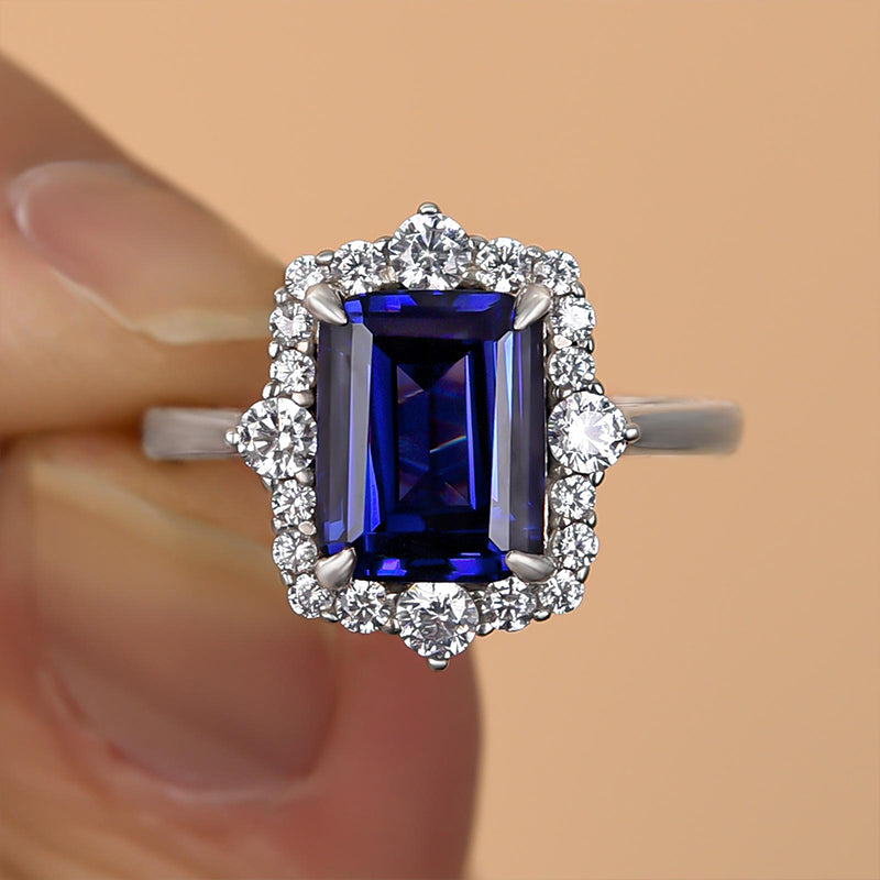 Louily 3.0 Carat Halo Emerald Cut Blue Sapphire Engagement Ring In Sterling Silver - louilyjewelry
