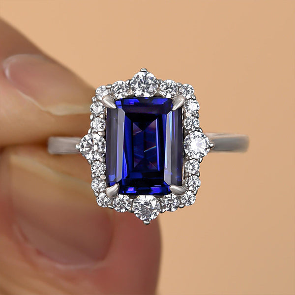 Louily 3.0 Carat Halo Emerald Cut Blue Sapphire Engagement Ring In Sterling Silver