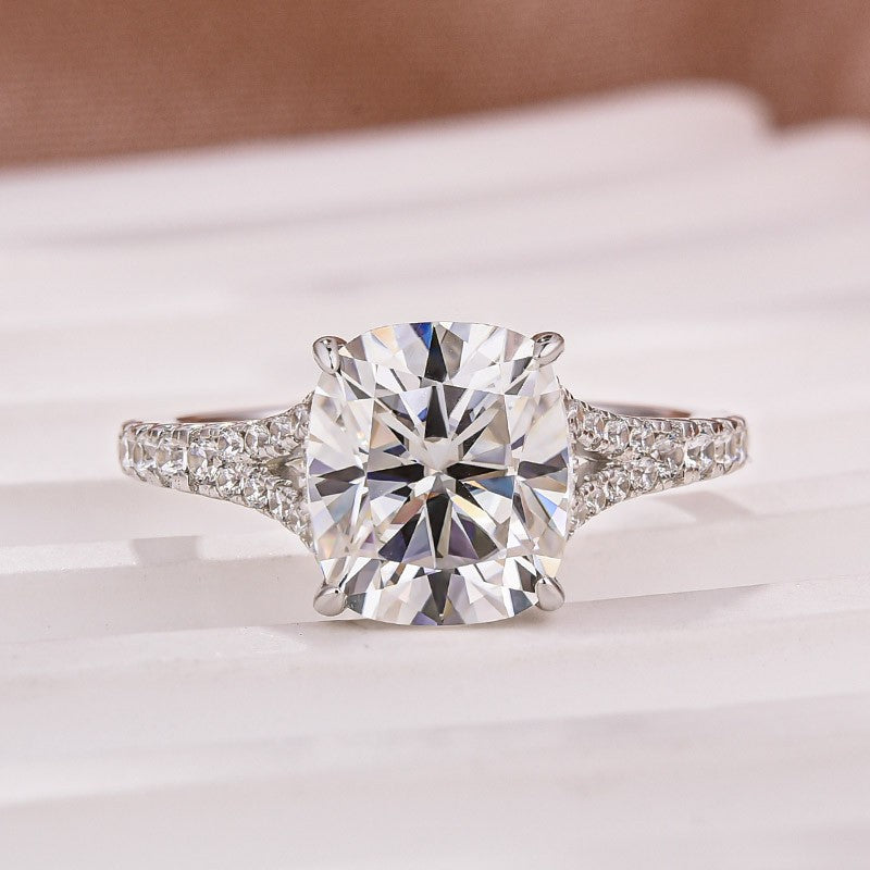 Moissanite 3.5Ct Cushion Cut Split Shank White Gold Engagement Ring - louilyjewelry