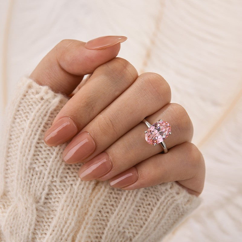 Classic Pink 4.0Ct Solitaire Oval Cut Hidden Halo Engagement Ring In Sterling Silver