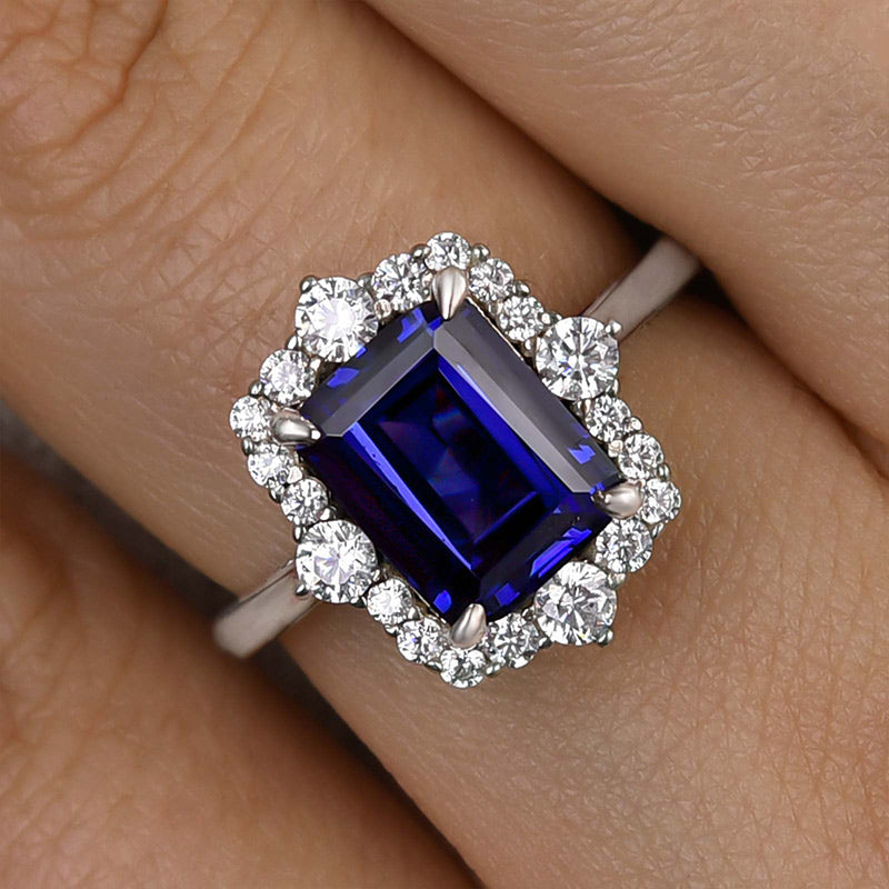 Louily 3.0 Carat Halo Emerald Cut Blue Sapphire Engagement Ring In Sterling Silver - louilyjewelry