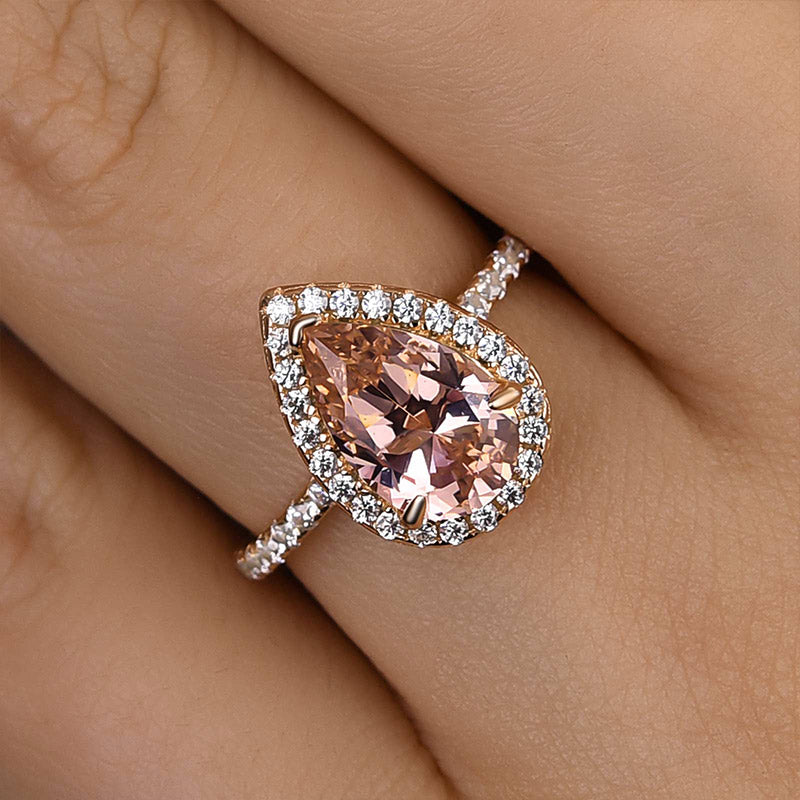 Louily Rose Gold Halo Pear Cut Synthetic Morganite Engagement Ring - louilyjewelry