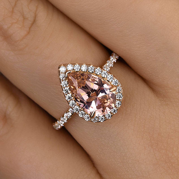 Louily Rose Gold Halo Pear Cut Synthetic Morganite Engagement Ring