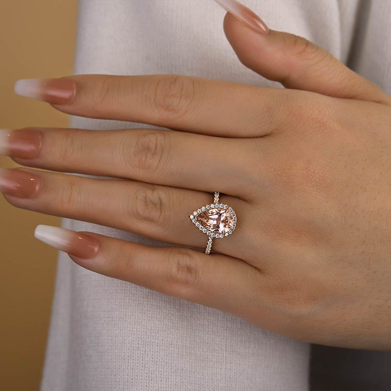 Louily Rose Gold Halo Pear Cut Synthetic Morganite Engagement Ring - louilyjewelry