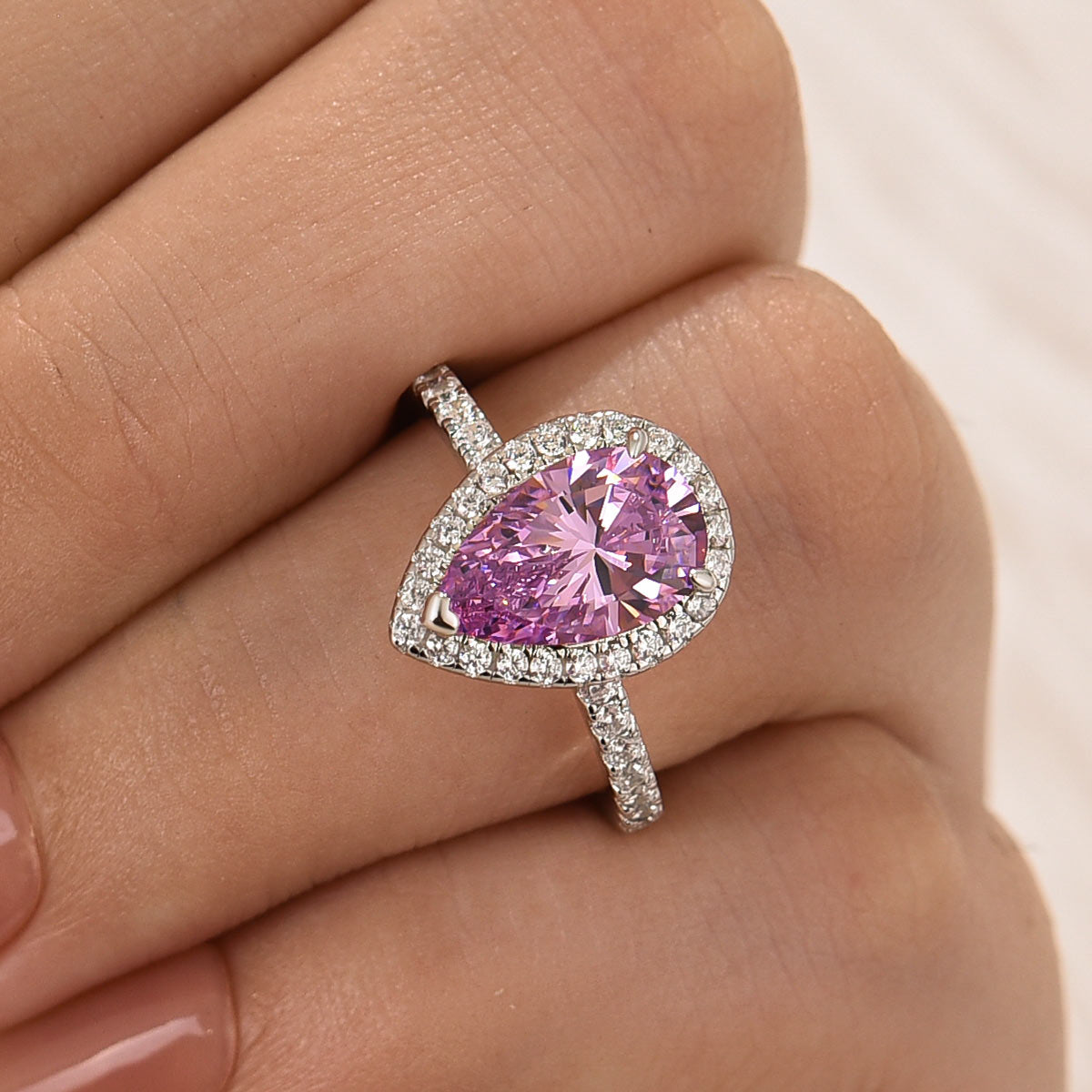 Classic 2.2 Carat Pink/Purple Pear Cut Halo Engagement Ring for Her