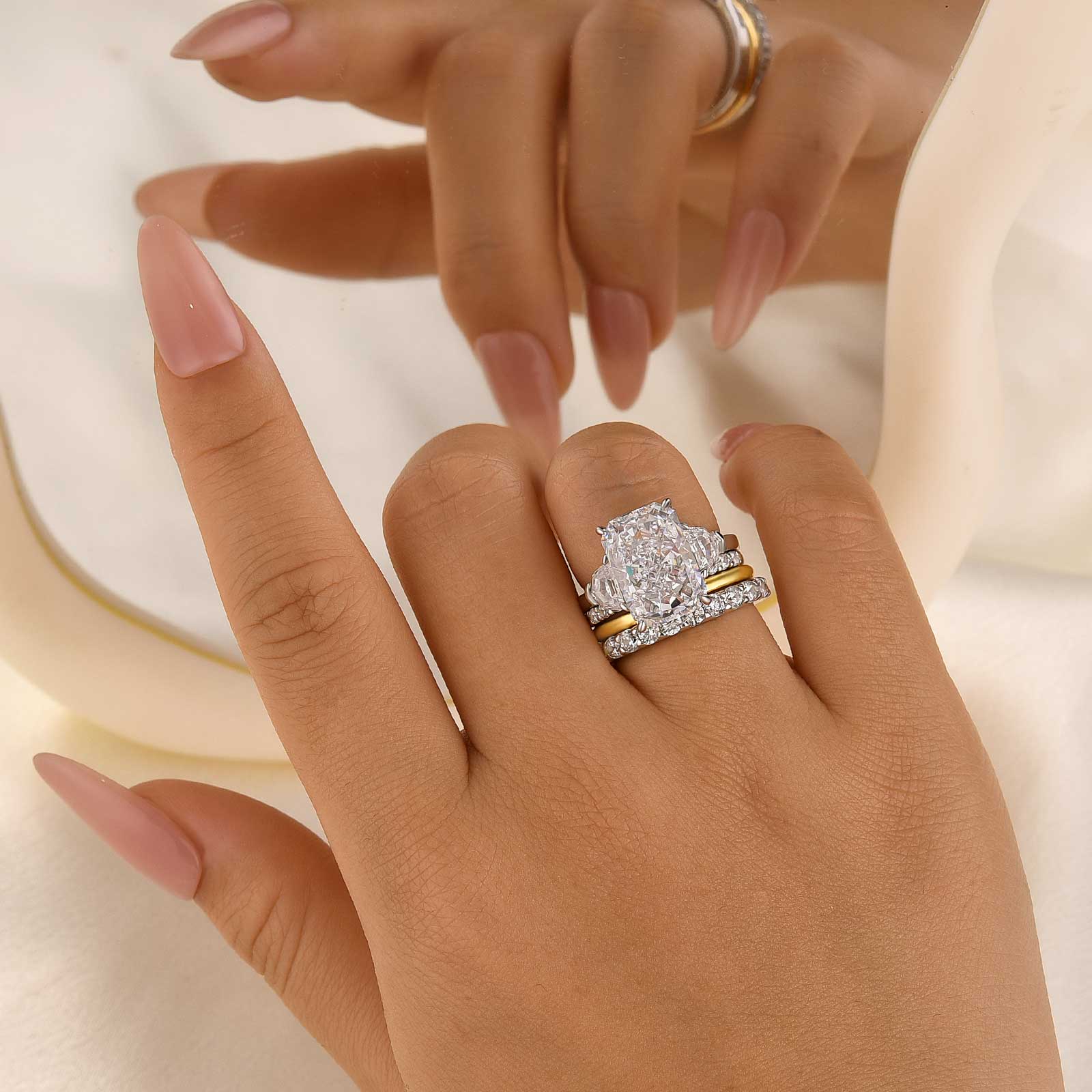 7.0Ct Radiant Cut Side Stone Enagement Ring with Open Pavé Wedding Bands