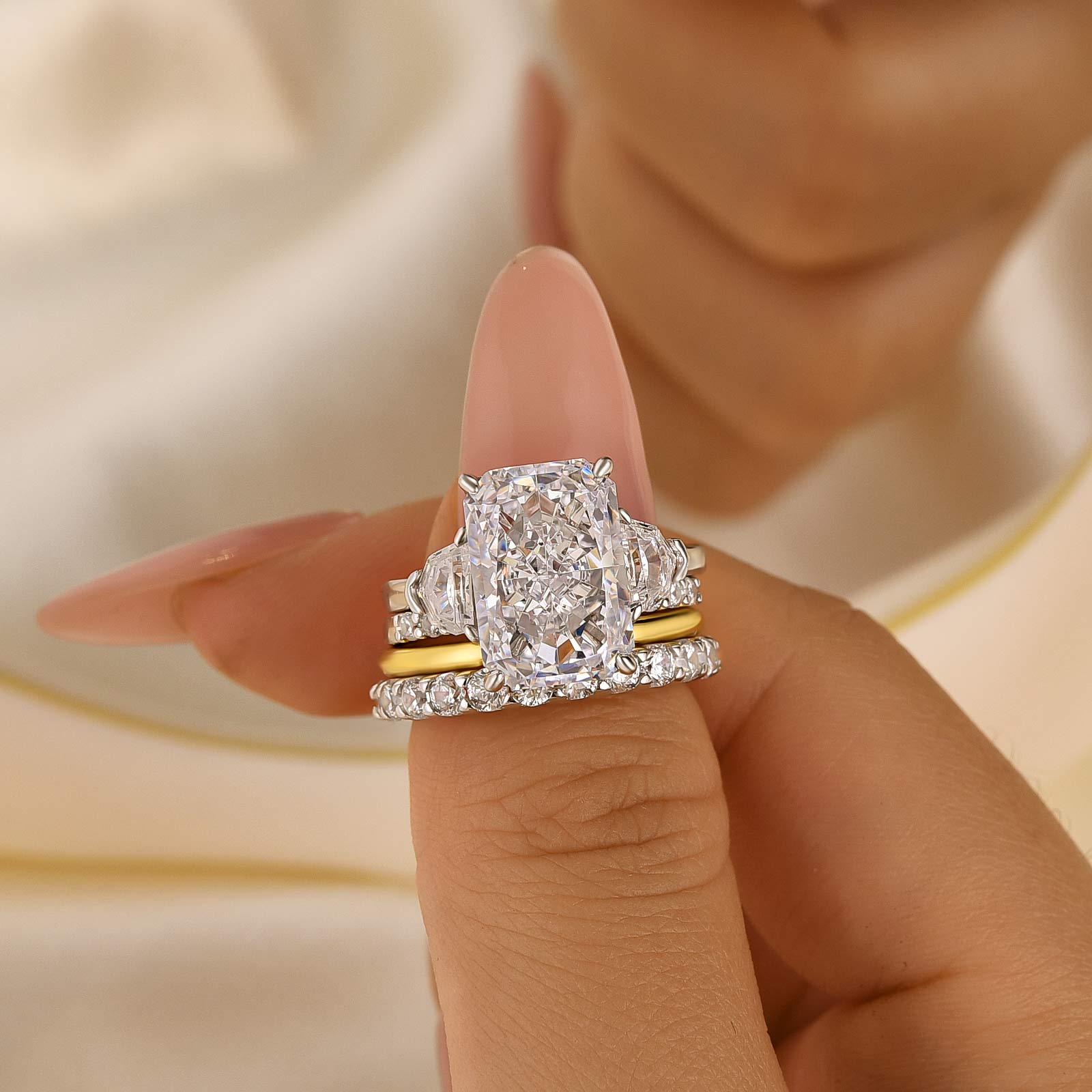 7.0Ct Radiant Cut Side Stone Enagement Ring with Open Pavé Wedding Bands