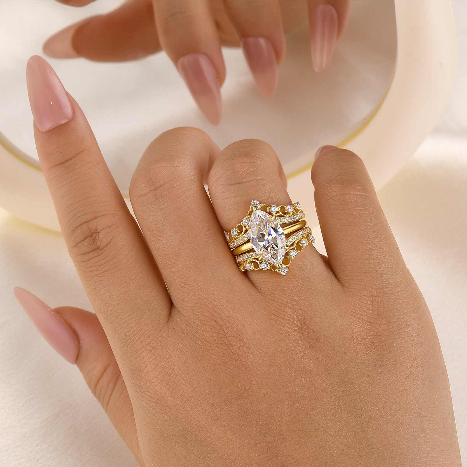 4.0Ct Marquise Insert Wedding Ring Set With Vintage Engagement Ring Enhancer