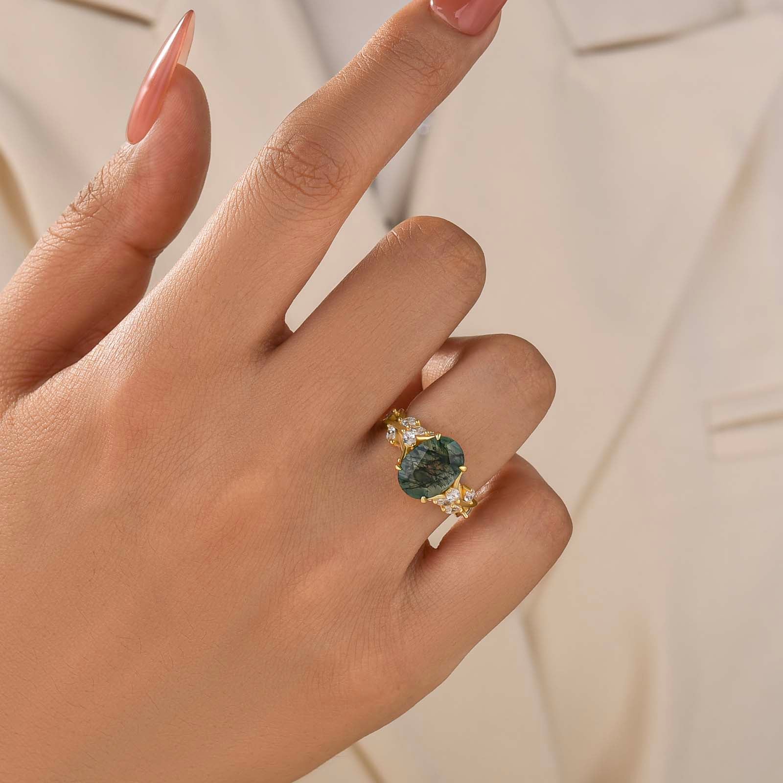 Nature-Inspired Split Shank 3.5Ct Oval Cut Moss Agate Vine-Style Engagement Ring