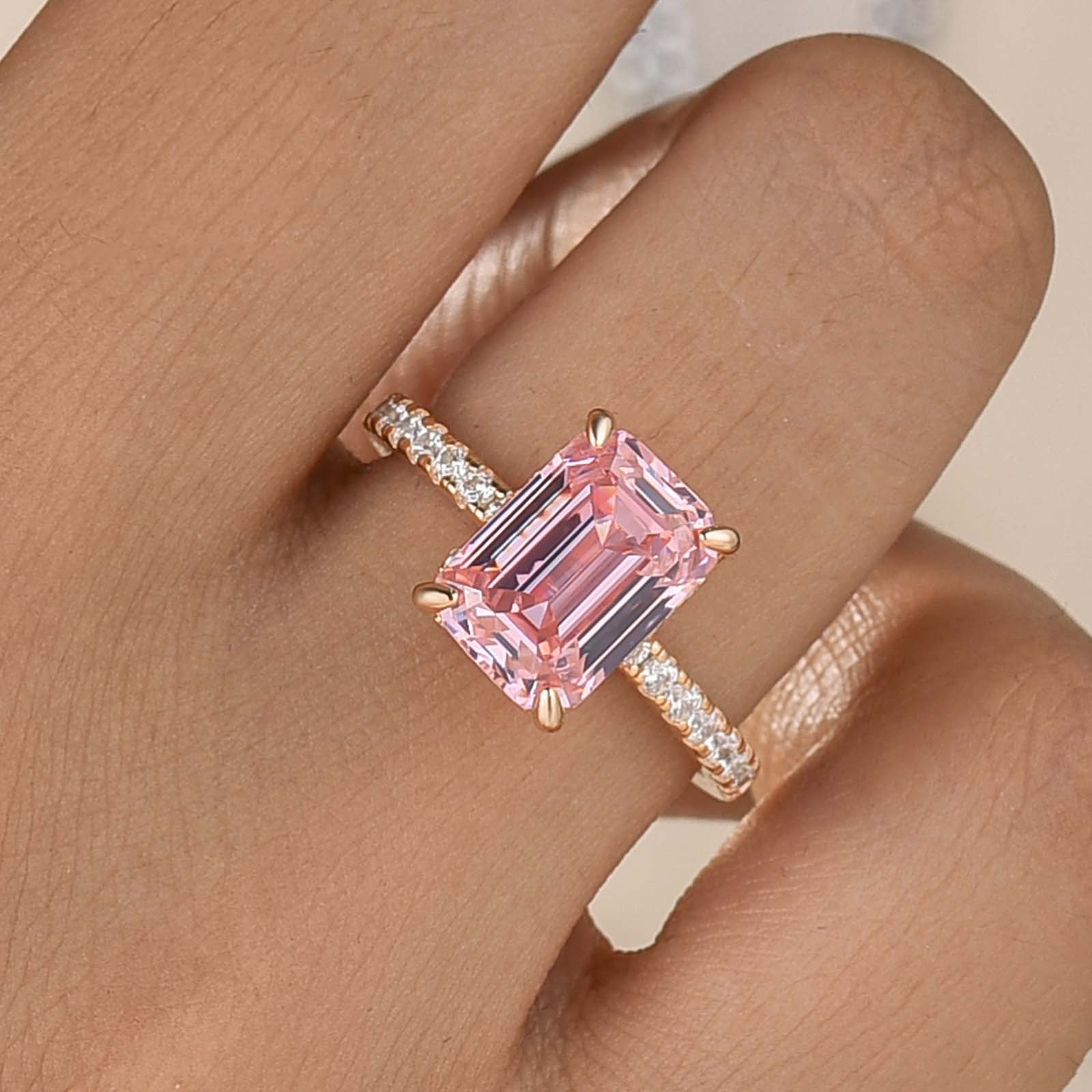 S925 Champagne Gold Plated 3.5Ct Pink Emerald Cut Everyday Wearable Ring For Women