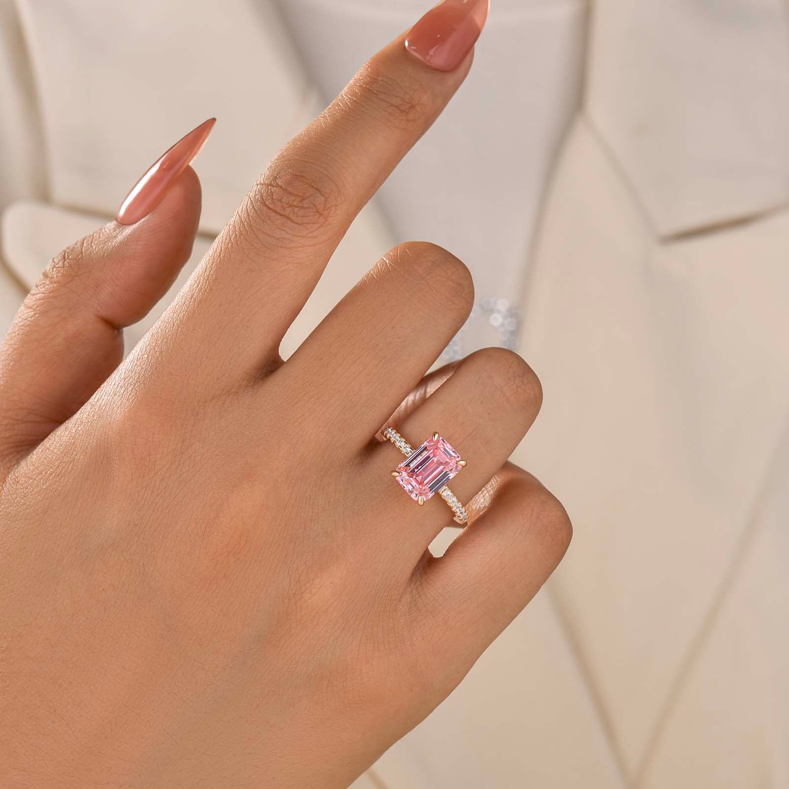 S925 Champagne Gold Plated 3.5Ct Pink Emerald Cut Everyday Wearable Ring For Women
