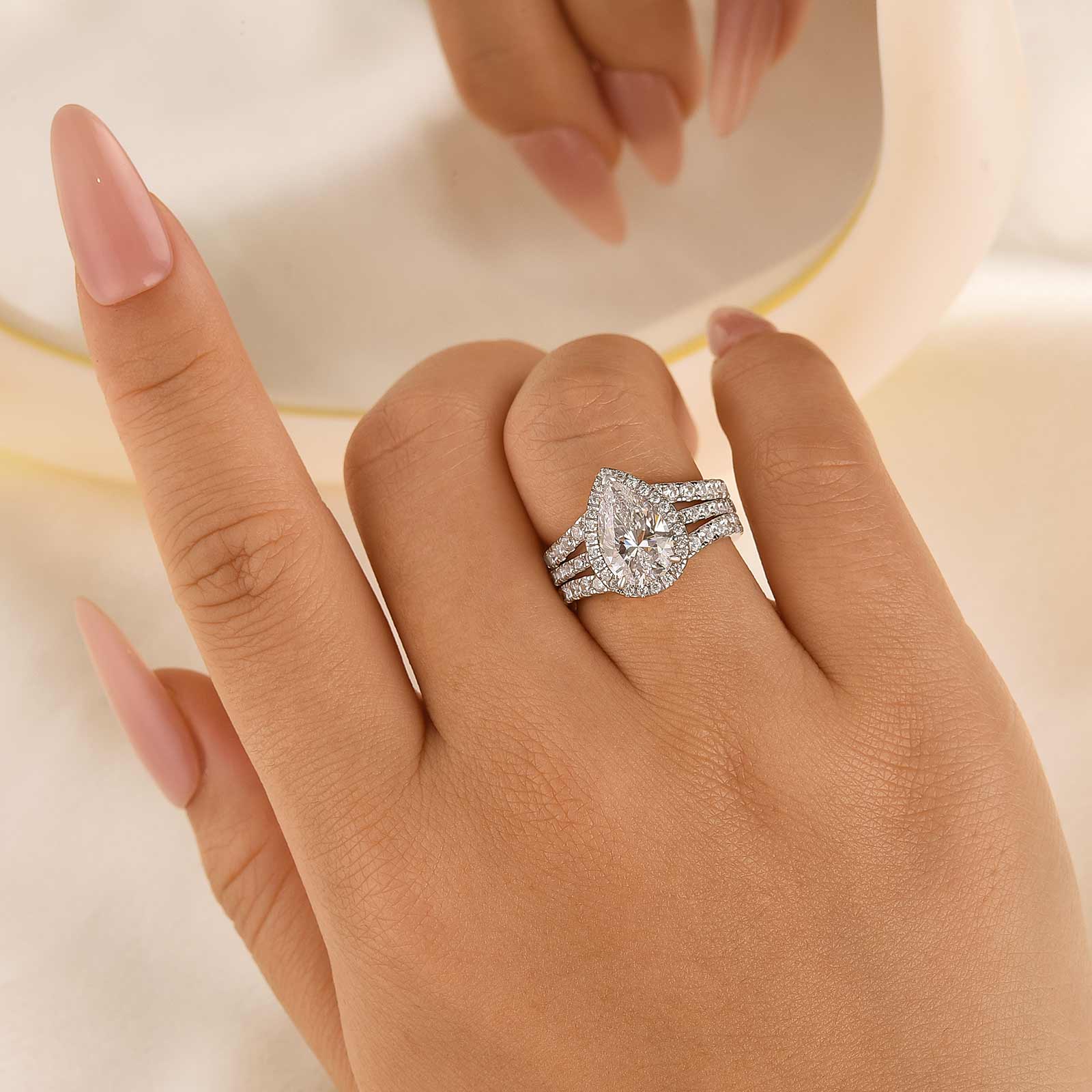 2.2Ct Halo Pear Cut Insert Wedding Ring Set With Engagement Ring Enhancer