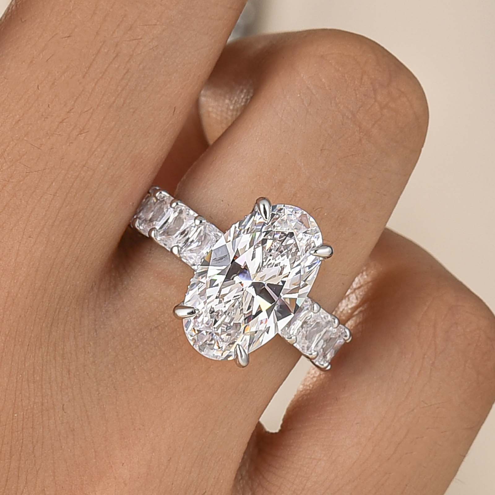 S925 Luxe Hidden Halo 6.5Ct Oval Cut Side Stone Engagement Ring For Women