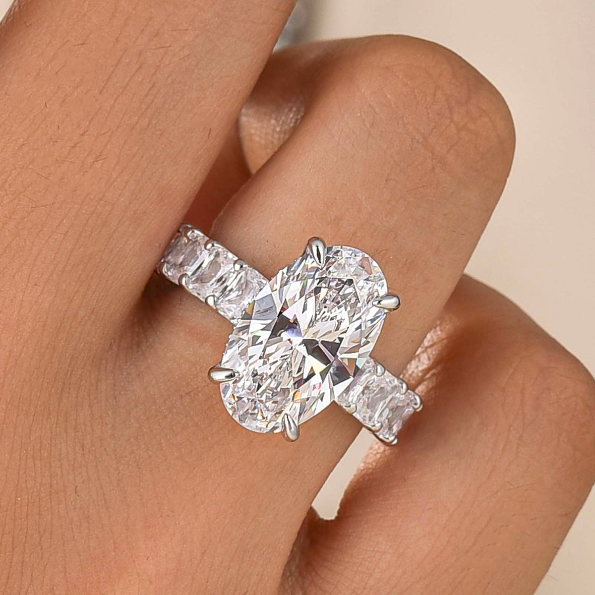 S925 Luxe Hidden Halo 6.5Ct Oval Cut Side Stone Engagement Ring For Women