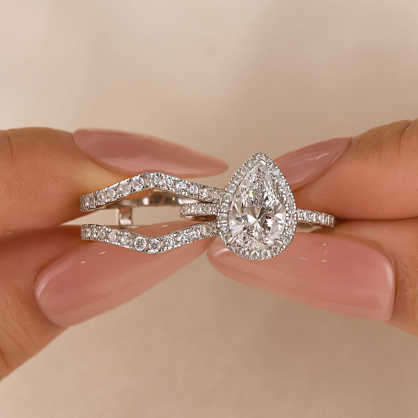 2.2Ct Halo Pear Cut Insert Wedding Ring Set With Engagement Ring Enhancer