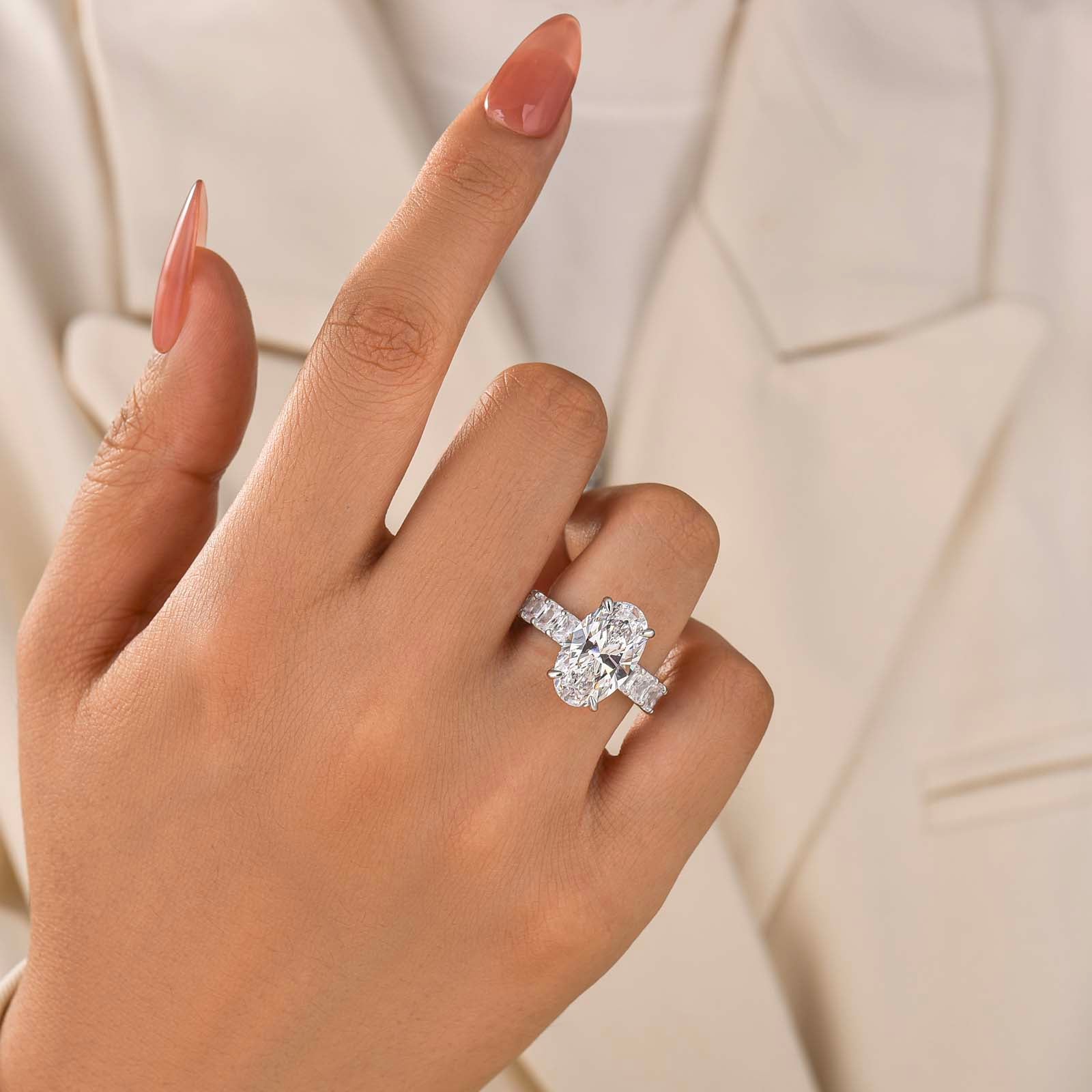 S925 Luxe Hidden Halo 6.5Ct Oval Cut Side Stone Engagement Ring For Women
