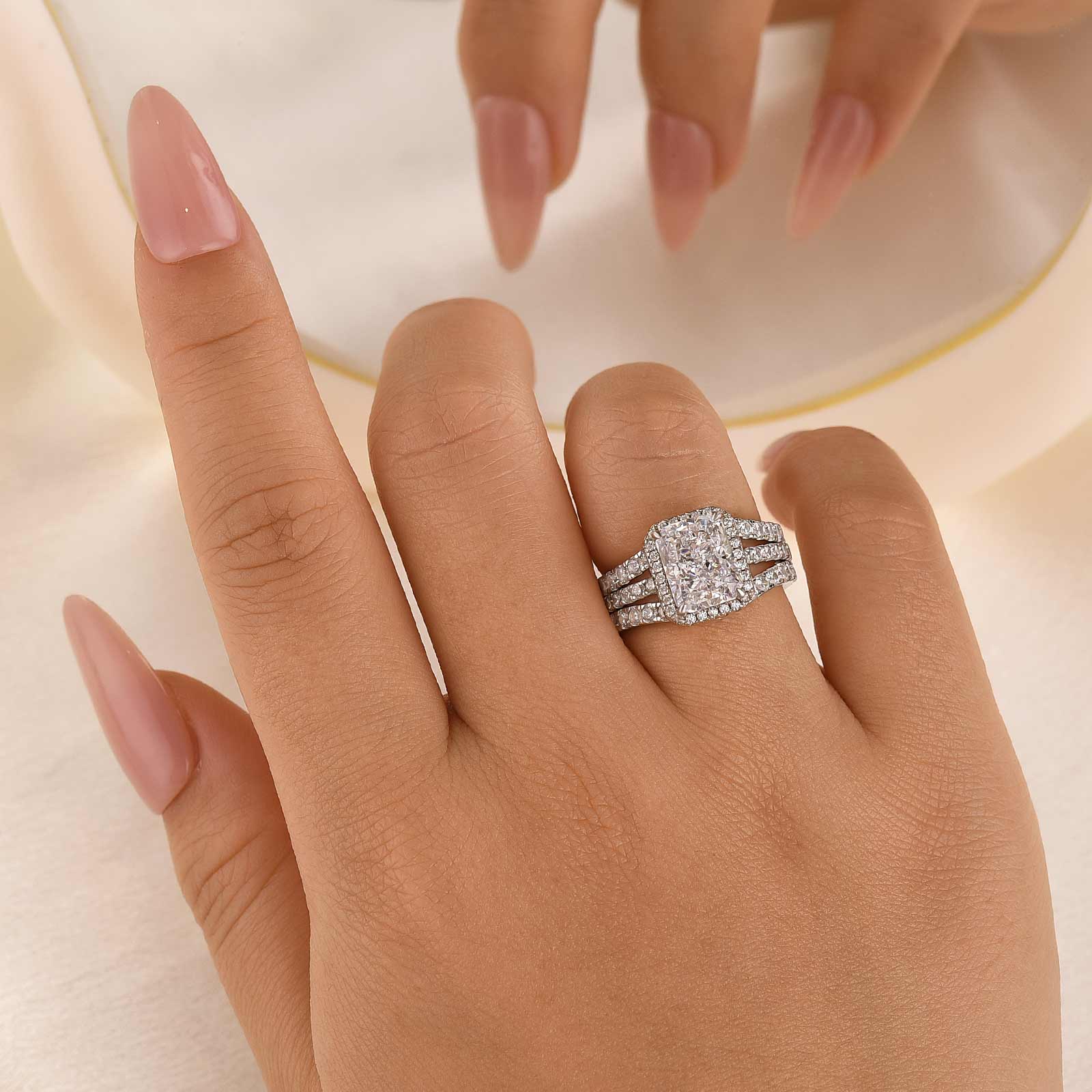 3.0 Carat Halo Radiant Cut Insert Wedding Ring Set With Engagement Ring Enhancer