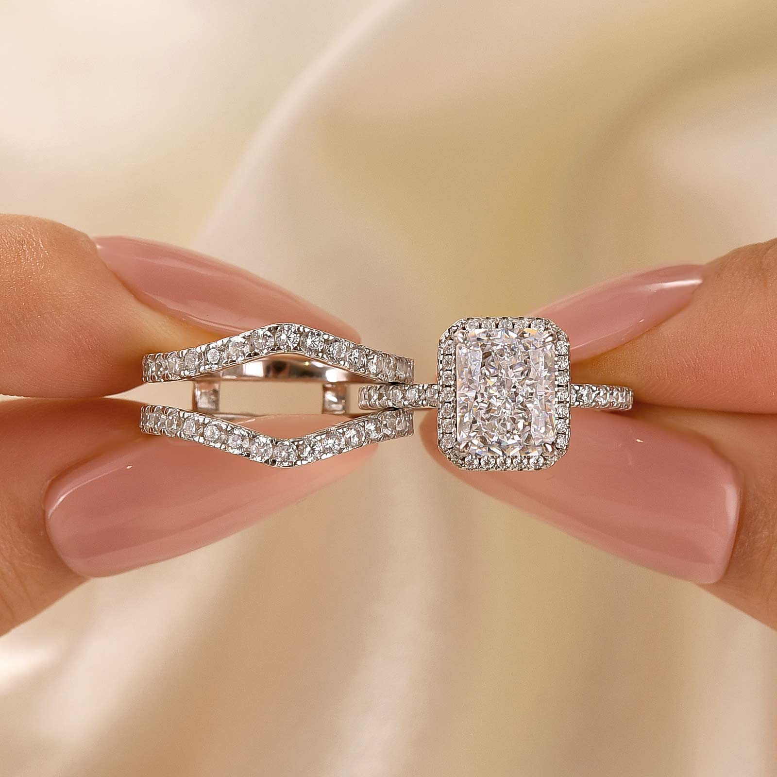 3.0 Carat Halo Radiant Cut Insert Wedding Ring Set With Engagement Ring Enhancer