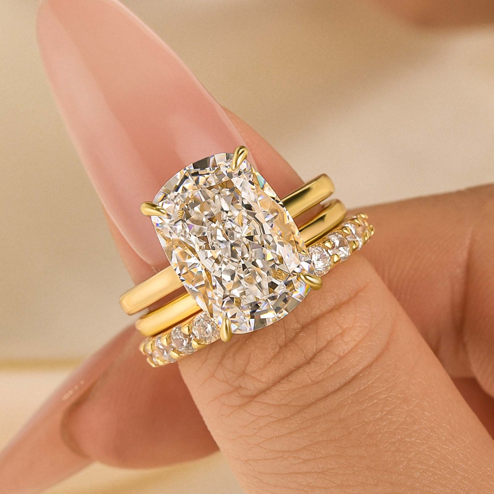 3PC 8.5Ct Wedding Ring Set Cushion Cut Hidden Halo Engagement Ring with Round&Simple Wedding Bands