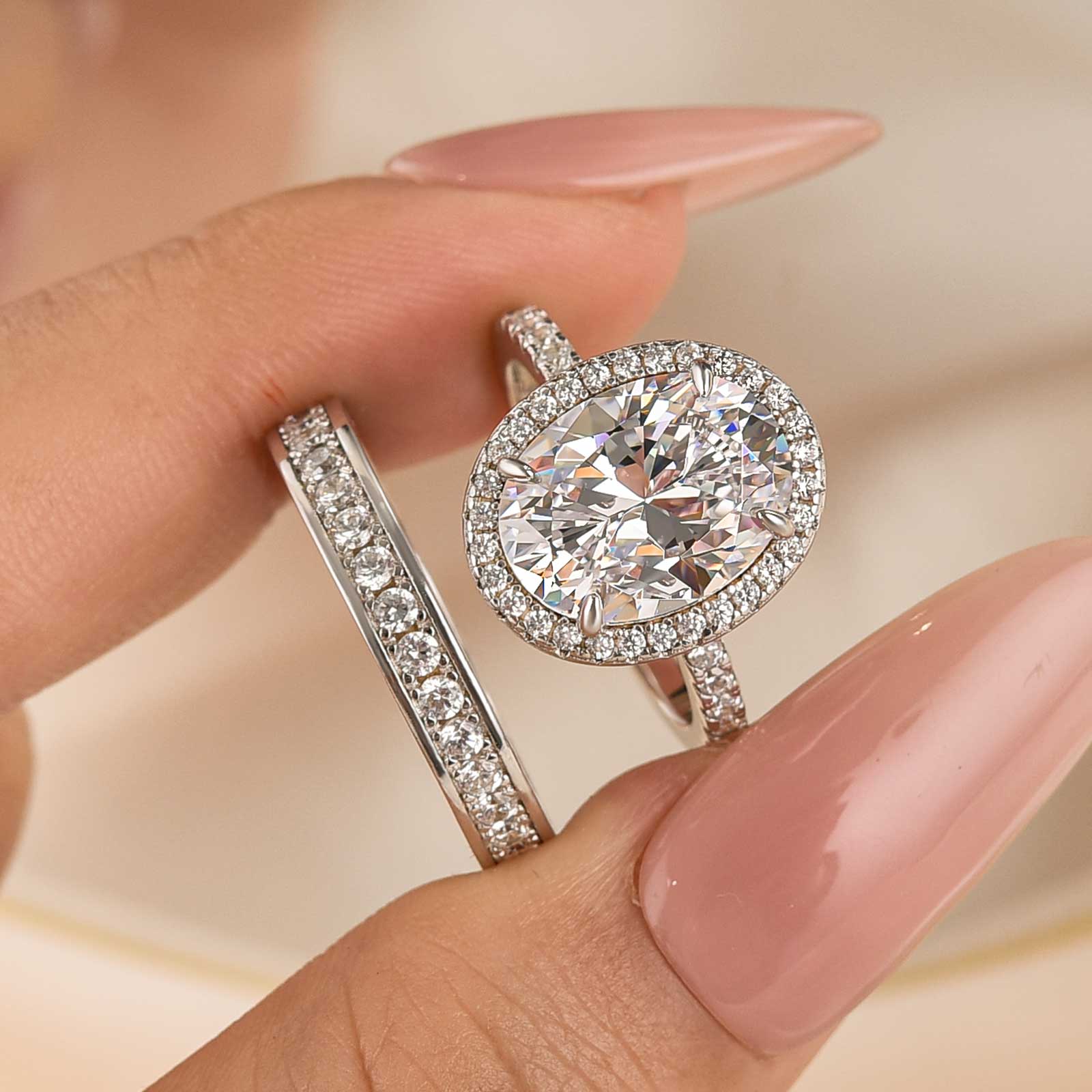 2PC 4.25Ct Sparkling Oval Cut Halo Ring Paired with Channel-Set Round Eternity Band Wedding Ring Set